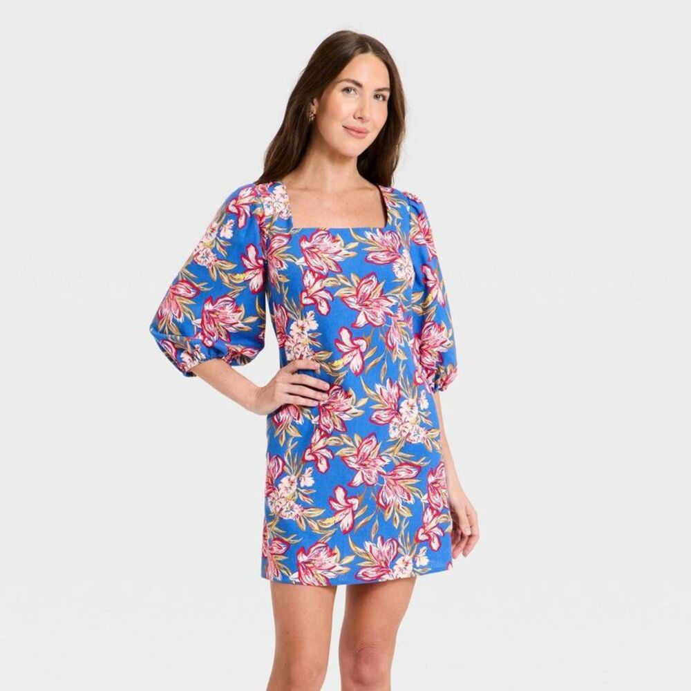 Women's Linen Mini Slip Dress - A New Day Blue Floral XS